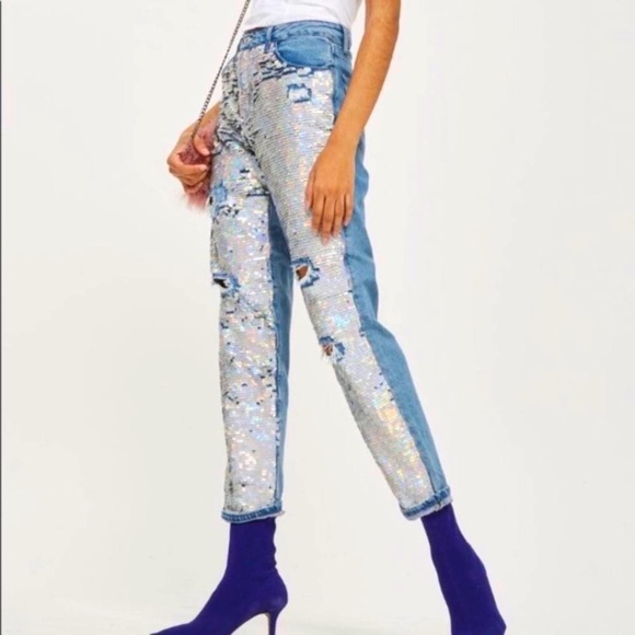 Topshop Denim - - Hayden Distressed Sequin Boyfriend jeans